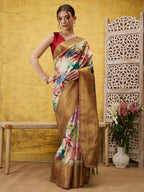 Beige Kanjeevaram Silk Digital Print Floral Saree with Unstitched Blouse - Hiral Fashion