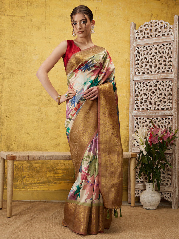 Beige Kanjeevaram Silk Digital Print Floral Saree with Unstitched Blouse - Hiral Fashion