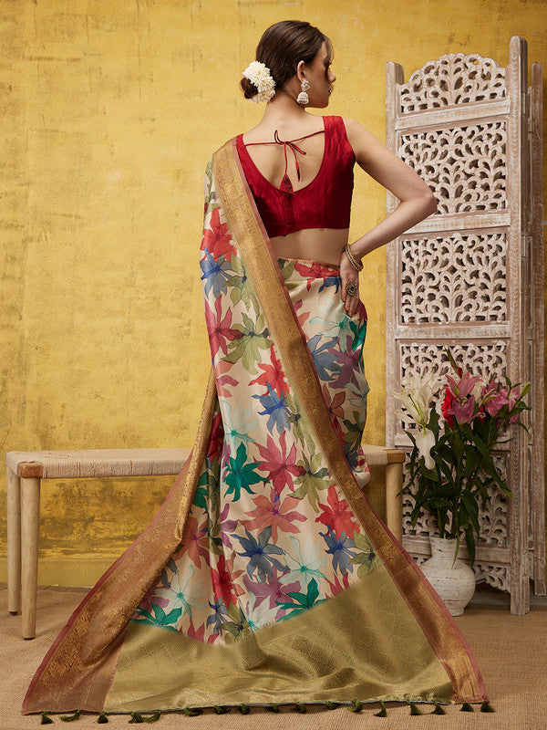 Beige Kanjeevaram Silk Digital Print Floral Saree with Unstitched Blouse - Hiral Fashion
