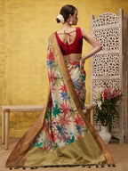Beige Kanjeevaram Silk Digital Print Floral Saree with Unstitched Blouse - Hiral Fashion