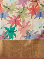 Beige Kanjeevaram Silk Digital Print Floral Saree with Unstitched Blouse - Hiral Fashion