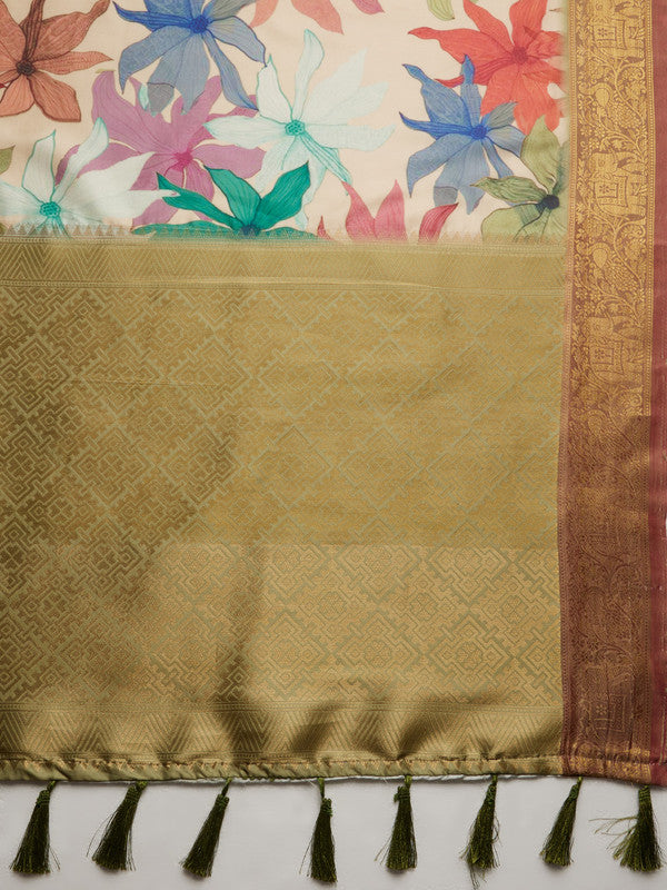 Beige Kanjeevaram Silk Digital Print Floral Saree with Unstitched Blouse - Hiral Fashion