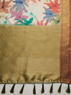 Beige Kanjeevaram Silk Digital Print Floral Saree with Unstitched Blouse - Hiral Fashion