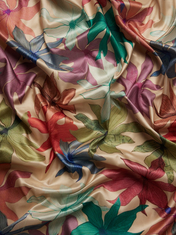Beige Kanjeevaram Silk Digital Print Floral Saree with Unstitched Blouse - Hiral Fashion