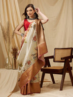 Beige Kanjeevaram Silk Digital Print Animal Print Saree with Unstitched Blouse - Hiral Fashion