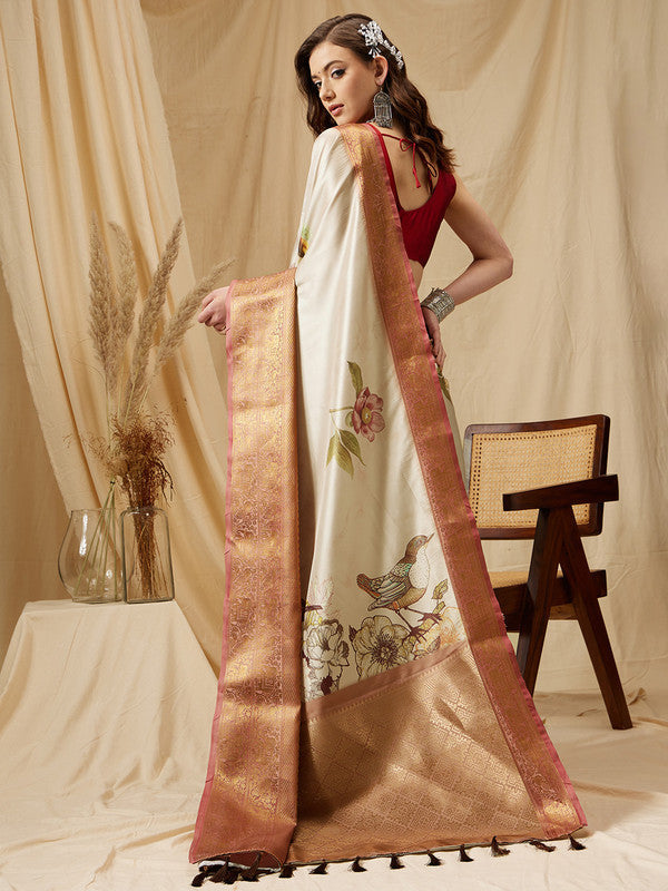 Beige Kanjeevaram Silk Digital Print Animal Print Saree with Unstitched Blouse - Hiral Fashion