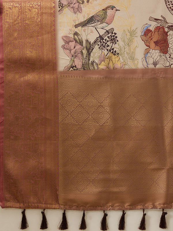 Beige Kanjeevaram Silk Digital Print Animal Print Saree with Unstitched Blouse - Hiral Fashion