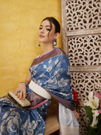 Blue Kanjeevaram Silk Digital Print Floral Saree with Unstitched Blouse - Hiral Fashion