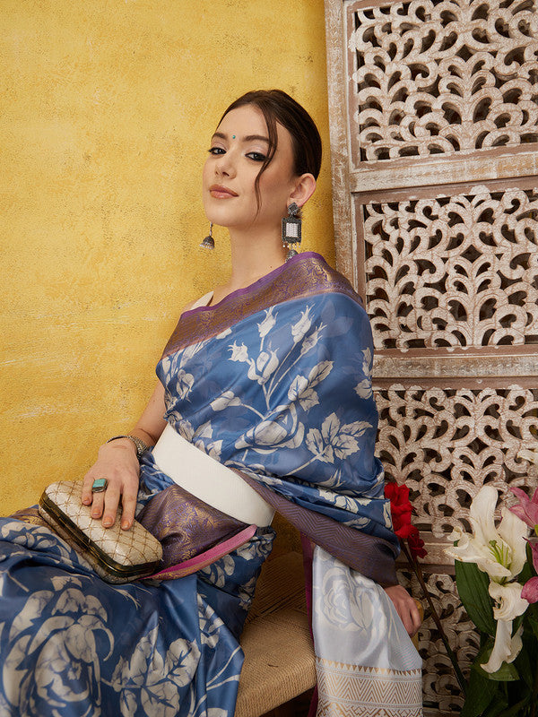 Blue Kanjeevaram Silk Digital Print Floral Saree with Unstitched Blouse - Hiral Fashion