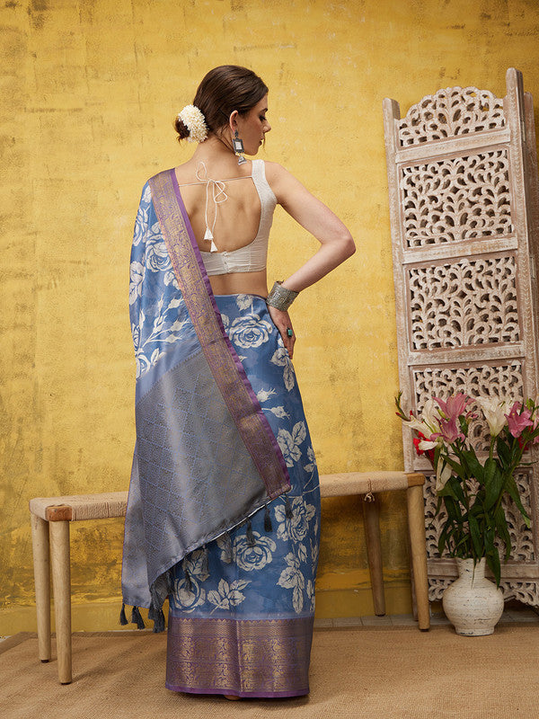 Blue Kanjeevaram Silk Digital Print Floral Saree with Unstitched Blouse - Hiral Fashion