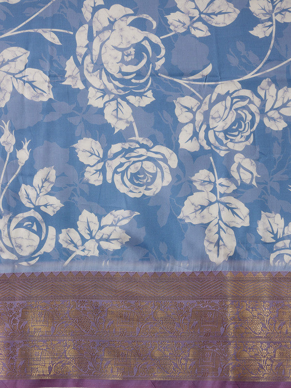 Blue Kanjeevaram Silk Digital Print Floral Saree with Unstitched Blouse - Hiral Fashion