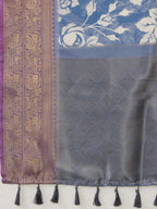 Blue Kanjeevaram Silk Digital Print Floral Saree with Unstitched Blouse - Hiral Fashion