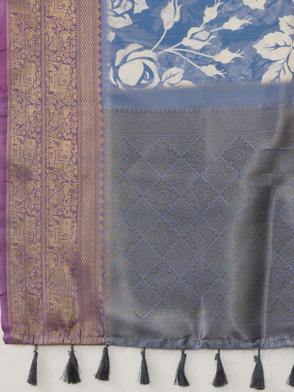 Blue Kanjeevaram Silk Digital Print Floral Saree with Unstitched Blouse - Hiral Fashion