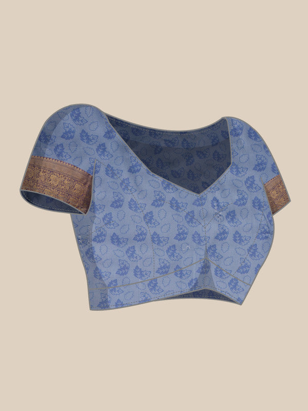 Blue Kanjeevaram Silk Digital Print Floral Saree with Unstitched Blouse - Hiral Fashion