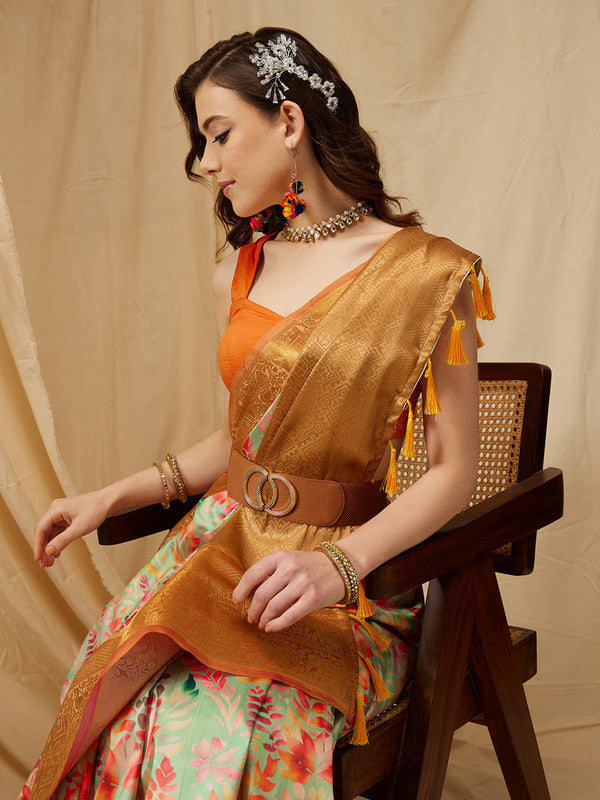 Green Kanjeevaram Silk Digital Print Floral Saree with Unstitched Blouse - Hiral Fashion