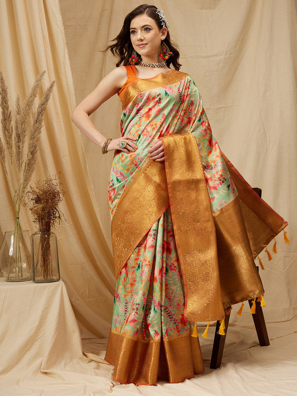 Green Kanjeevaram Silk Digital Print Floral Saree with Unstitched Blouse - Hiral Fashion
