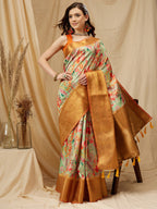 Green Kanjeevaram Silk Digital Print Floral Saree with Unstitched Blouse - Hiral Fashion
