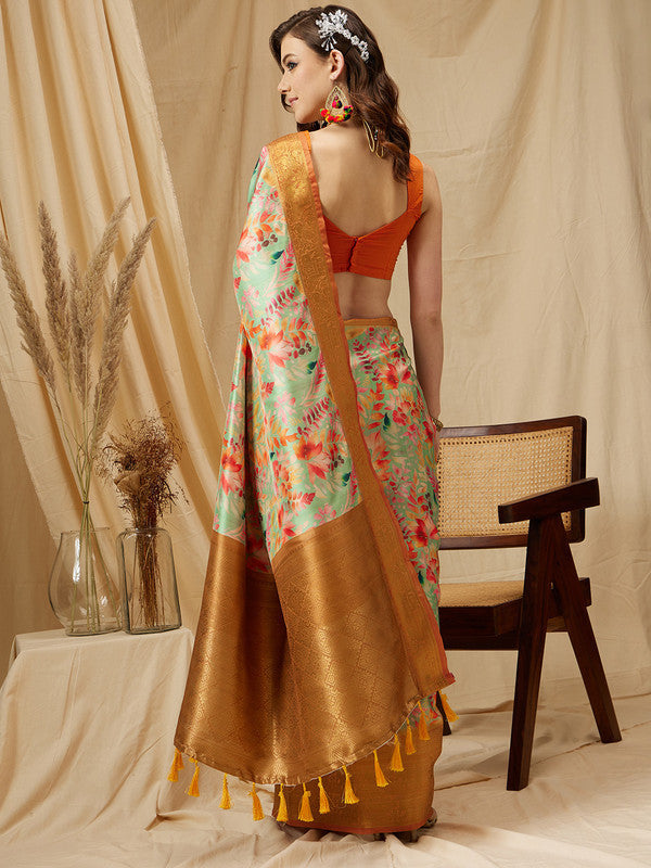 Green Kanjeevaram Silk Digital Print Floral Saree with Unstitched Blouse - Hiral Fashion