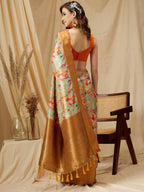 Green Kanjeevaram Silk Digital Print Floral Saree with Unstitched Blouse - Hiral Fashion