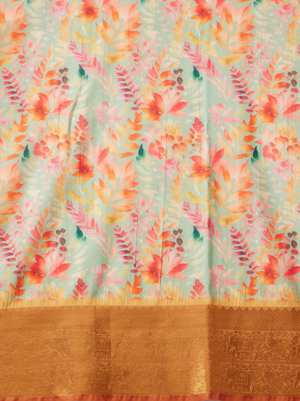 Green Kanjeevaram Silk Digital Print Floral Saree with Unstitched Blouse - Hiral Fashion