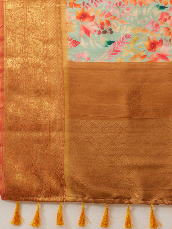 Green Kanjeevaram Silk Digital Print Floral Saree with Unstitched Blouse - Hiral Fashion