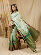 Olive Kanjeevaram Silk Digital Print Animal Print Saree with Unstitched Blouse - Hiral Fashion