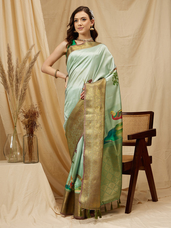 Olive Kanjeevaram Silk Digital Print Animal Print Saree with Unstitched Blouse - Hiral Fashion