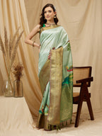 Olive Kanjeevaram Silk Digital Print Animal Print Saree with Unstitched Blouse - Hiral Fashion
