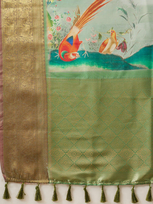 Olive Kanjeevaram Silk Digital Print Animal Print Saree with Unstitched Blouse - Hiral Fashion