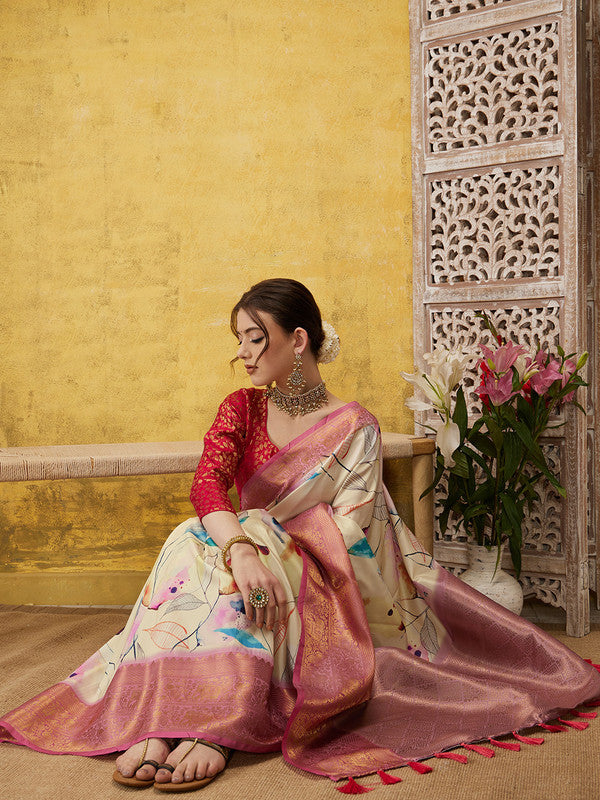 Multicolor Kanjeevaram Silk Digital Print Floral Saree with Unstitched Blouse - Hiral Fashion