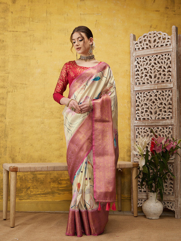 Multicolor Kanjeevaram Silk Digital Print Floral Saree with Unstitched Blouse - Hiral Fashion