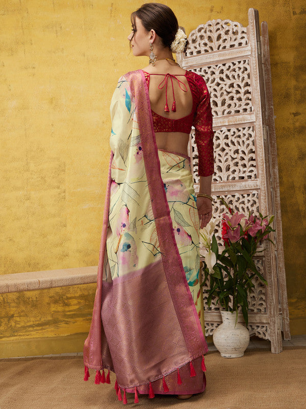 Multicolor Kanjeevaram Silk Digital Print Floral Saree with Unstitched Blouse - Hiral Fashion