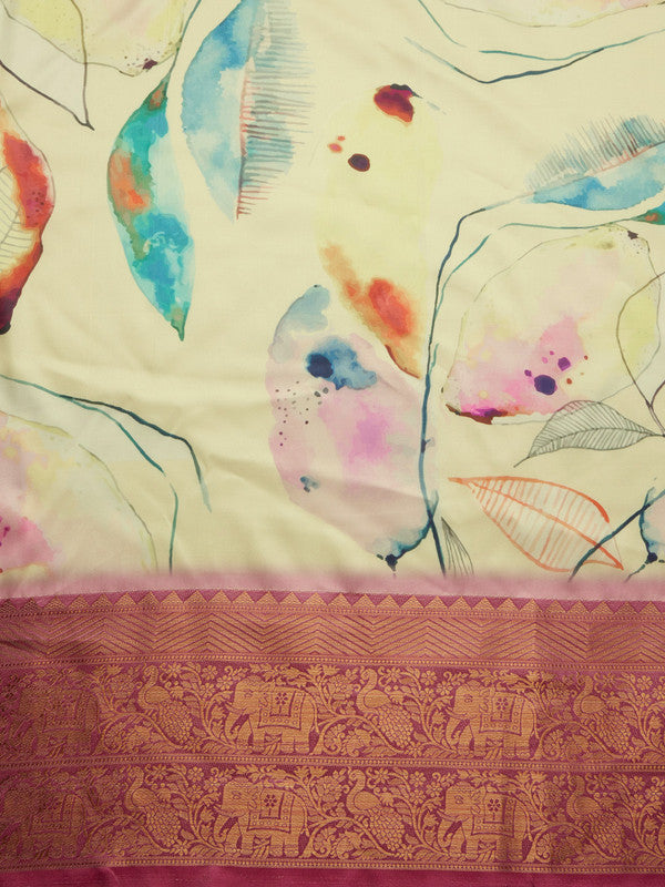 Multicolor Kanjeevaram Silk Digital Print Floral Saree with Unstitched Blouse - Hiral Fashion