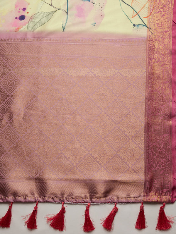 Multicolor Kanjeevaram Silk Digital Print Floral Saree with Unstitched Blouse - Hiral Fashion