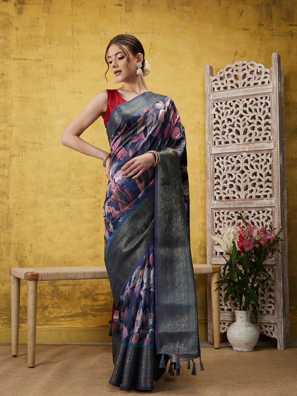 Navy Blue Kanjeevaram Silk Digital Print Floral Saree with Unstitched Blouse - Hiral Fashion