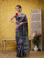 Navy Blue Kanjeevaram Silk Digital Print Floral Saree with Unstitched Blouse - Hiral Fashion