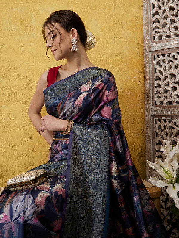 Navy Blue Kanjeevaram Silk Digital Print Floral Saree with Unstitched Blouse - Hiral Fashion