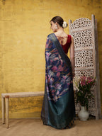 Navy Blue Kanjeevaram Silk Digital Print Floral Saree with Unstitched Blouse - Hiral Fashion