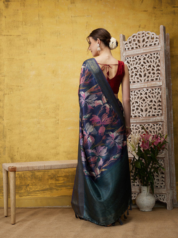 Navy Blue Kanjeevaram Silk Digital Print Floral Saree with Unstitched Blouse - Hiral Fashion