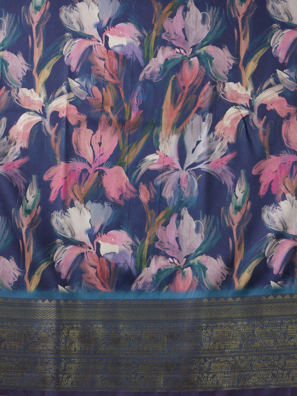 Navy Blue Kanjeevaram Silk Digital Print Floral Saree with Unstitched Blouse - Hiral Fashion