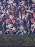 Navy Blue Kanjeevaram Silk Digital Print Floral Saree with Unstitched Blouse - Hiral Fashion