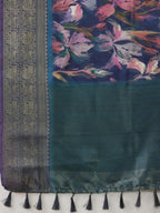 Navy Blue Kanjeevaram Silk Digital Print Floral Saree with Unstitched Blouse - Hiral Fashion