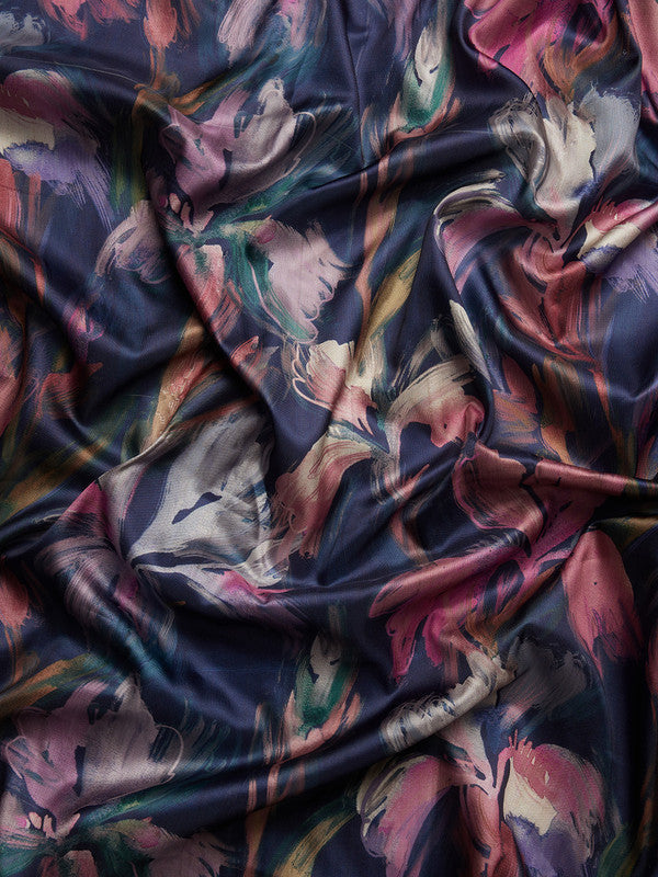 Navy Blue Kanjeevaram Silk Digital Print Floral Saree with Unstitched Blouse - Hiral Fashion