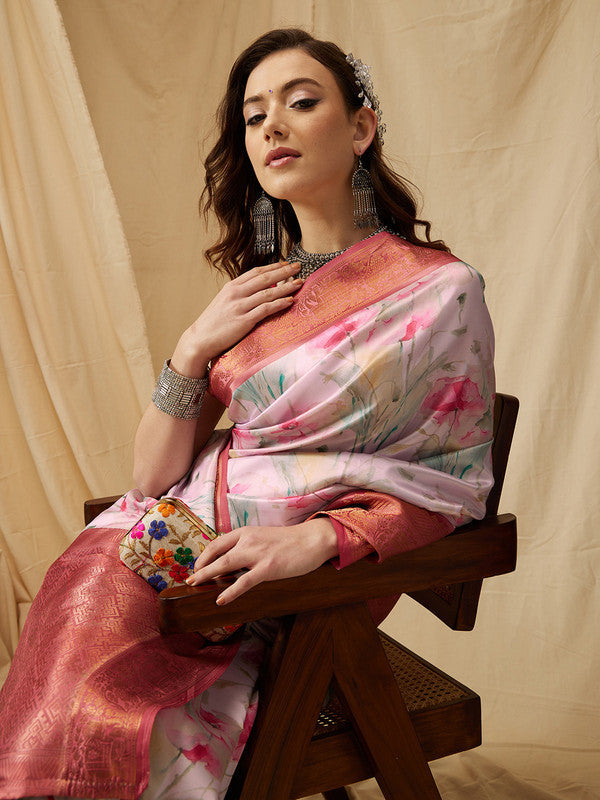Pink Kanjeevaram Silk Digital Print Floral Saree with Unstitched Blouse - Hiral Fashion