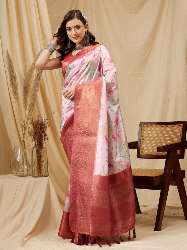 Pink Kanjeevaram Silk Digital Print Floral Saree with Unstitched Blouse - Hiral Fashion