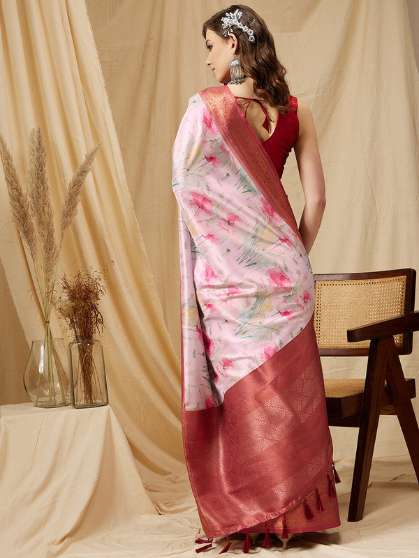Pink Kanjeevaram Silk Digital Print Floral Saree with Unstitched Blouse - Hiral Fashion