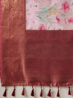 Pink Kanjeevaram Silk Digital Print Floral Saree with Unstitched Blouse - Hiral Fashion