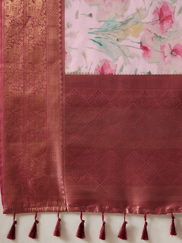 Pink Kanjeevaram Silk Digital Print Floral Saree with Unstitched Blouse - Hiral Fashion