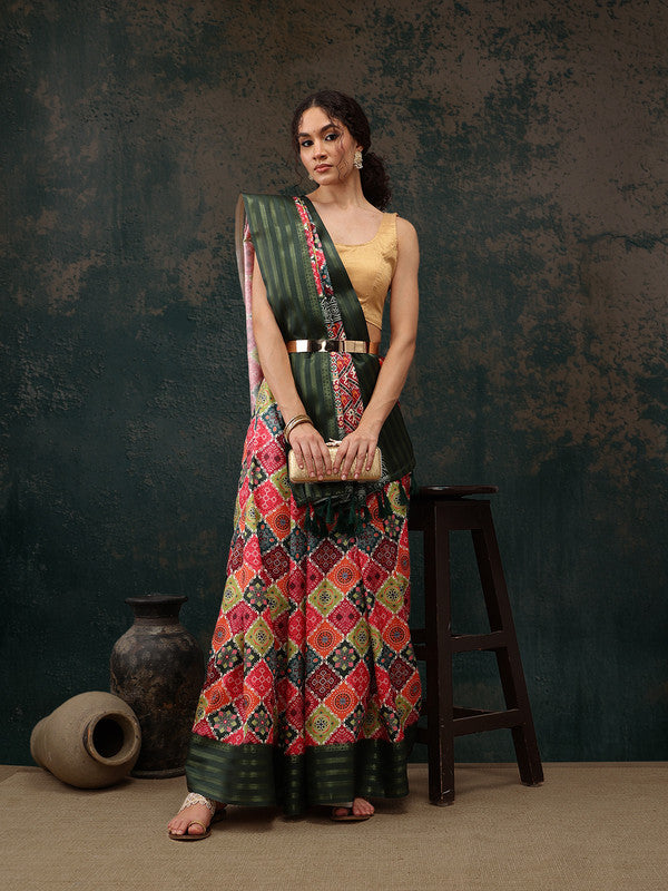 Multicolor Silk Blend Digital Print Bandhani Saree with Unstitched Blouse - Hiral Fashion