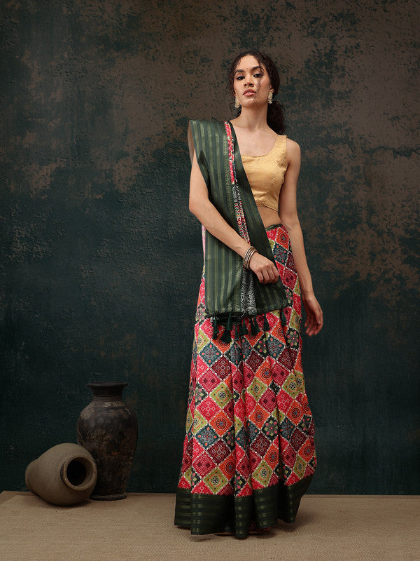 Multicolor Silk Blend Digital Print Bandhani Saree with Unstitched Blouse - Hiral Fashion
